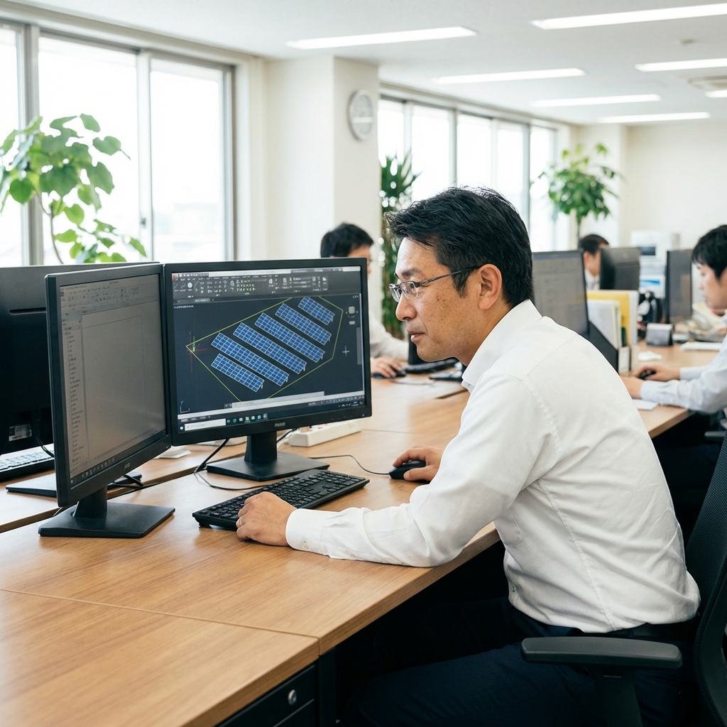 REITのエンジニアによる現地調査と太陽光パネル設置の設計確認